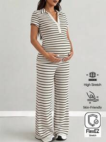 SHEIN Maternity Summer Casual Striped Jumpsuit Autumn Outfit Work Outfits - Multicolor - View 1