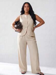 Solavibe Plus Size Women Solid Color Single-Breasted Button Up Shirt Top And Pants Casual Elegant Everyday 2 Pieces Set Dinner Office Formal Grey Summer - Khaki - View 3