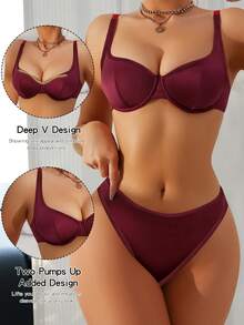 SHEIN 2pcs/Set Women's Simple Solid Color Underwire Bra And Panty Set - Burgundy - View 3