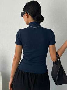 DAZY Women's Solid Color Turtleneck Fitted Undershirt - Navy Blue - View 3