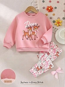 Cozy Pixies 女嬰可愛動物印花加厚運動衫套裝，秋冬新款休閒百搭柔軟舒適 - 粉色 - 查看 6