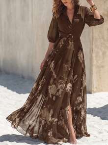 Hotletica Vestido largo casual de fiesta con cuello en V, estampado floral y plisado para mujer - Marrón - Ver 4