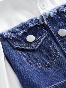 SHEIN Young Girls Elegant Chic Blue Denim Patchwork White Shirt-Style Belted Loose Long Pants Jumpsuit, Fall/Winter, For Girls Back To School Clothes - Dark Wash - View 7