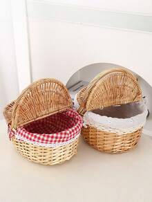 1pc Handwoven Wicker Picnic Basket – Double Lid Storage Hamper With Handle, Natural Willow Fruit Basket For Camping, Shopping, Wedding Decor, Farmhouse Storage - multicolor - View 13