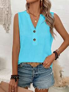 EMERY ROSE Áo tank top cổ chữ V khoét sâu màu trơn phong cách thường ngày mùa hè - Màu xanh lam - Xem 4