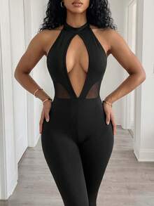 BamGleam Spring Summer Casual Halloween Daily Party Elegant Sexy Black Lace Splicing Cut-Out Women's Jumpsuit Romper Club Night Out - Black - View 1