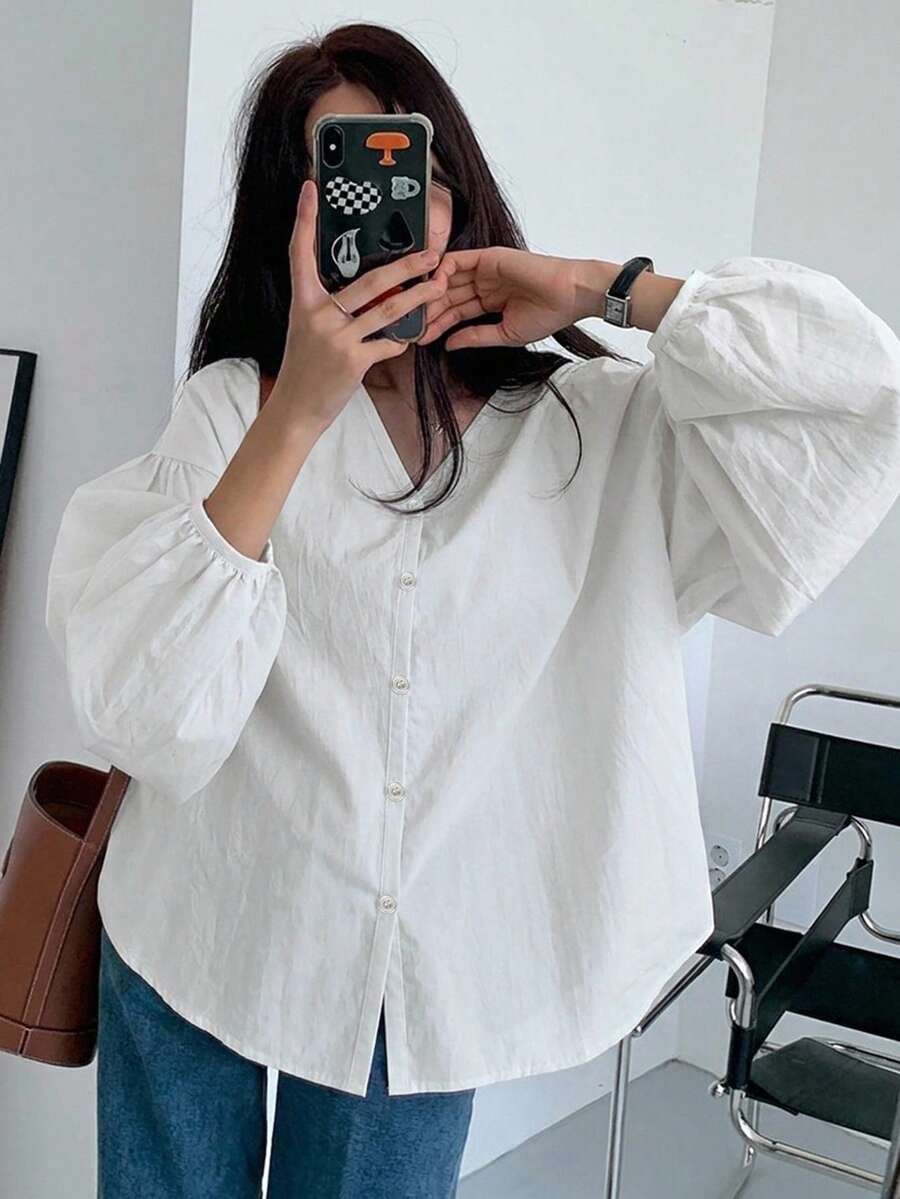 DAZY 女款純色燈籠袖單排扣休閒襯衫 - 白色 - 查看 1