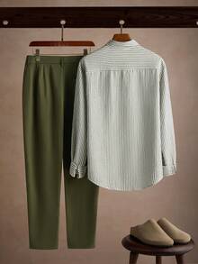 Core Aspect Vintage Green Fine Vertical Striped Linen Shirt For Men, Shirt Collar, Long Sleeve, Simple Casual Business Commute Shirt, Solid Color Long Pants Set - Green - View 2