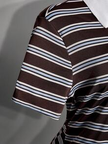 SHEIN ICON 大尺碼復古傳統優雅性感千禧風Y2K簡約休閒返校大學運動風藍棕條紋 Polo 領 T-shirt 洋裝 - 棕色 - 查看 7