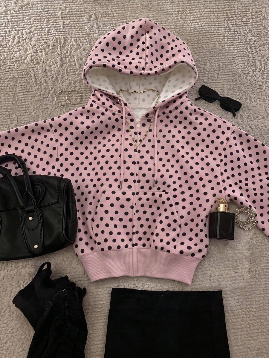 IslaSuriya Sweatshirt Lengan Panjang Kasual Wanita Motif Polkadot dengan Tali Serut dan Tudung untuk Sehari-hari - MultiWarna - View 1