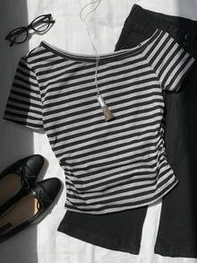 Comfortcana Women's Striped Asymmetric Neck Casual Versatile Daily Wear T-Shirt - Dark Grey - View 5