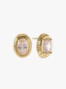 Opalesca 18K Gold Plated Oval Zirconium Stylish Fine Quality Stud Earrings - Yellow Gold - View 18