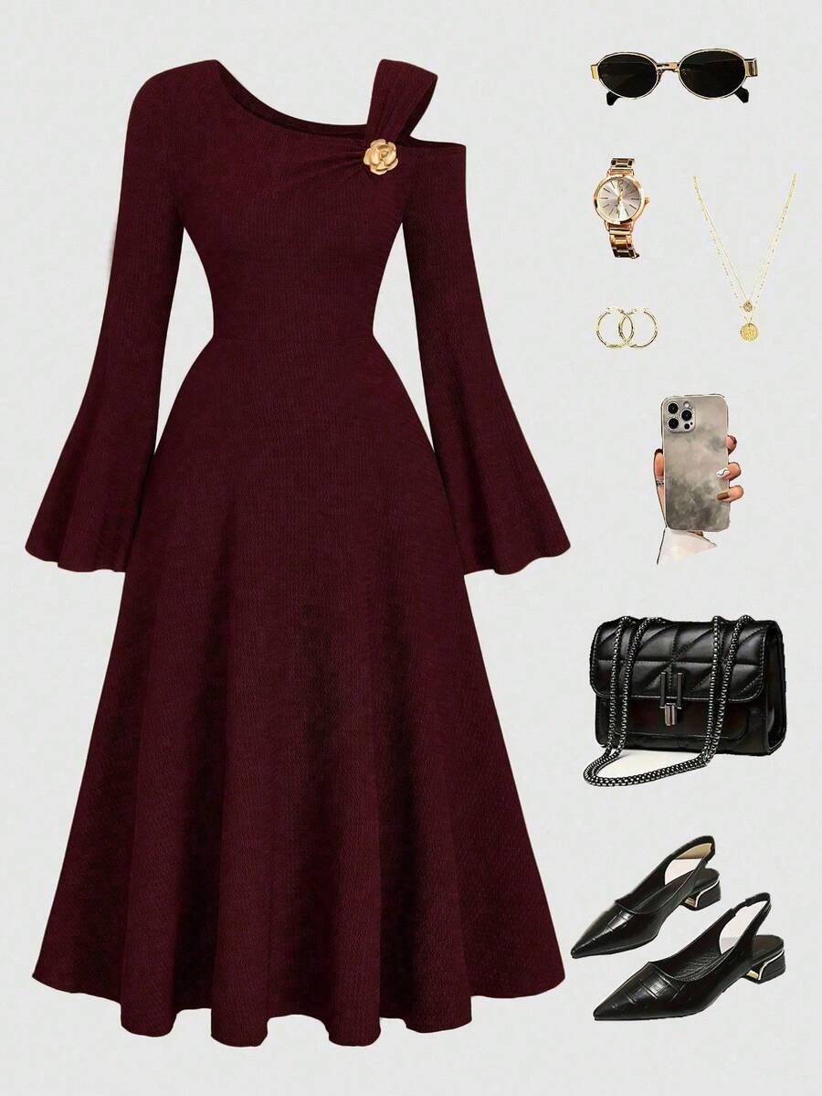 Auvina Plus Size Women's Solid Color Knitted Ribbed Asymmetric Shoulder Flare Sleeve Ruffle Trim Bodycon Maxi Elegant Party Dress Fall - Burgundy - View 1