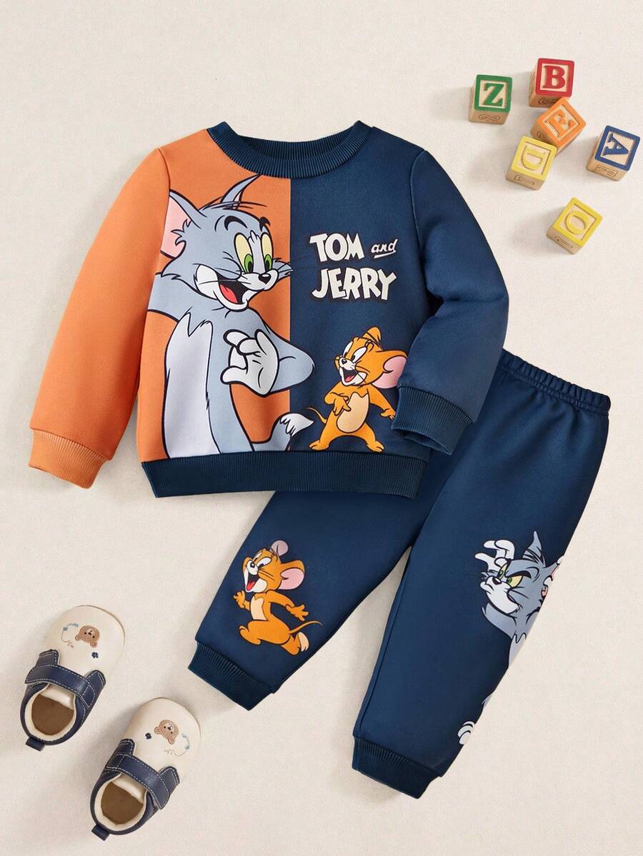 TOM & JERRY X SHEIN 2pcs Baby Boy Cartoon Sports Casual Style Cute Cat & Mouse Print Patchwork Sweatshirt And Pants Set, Suitable For Spring, Autumn And Winter Fall - Blue - View 1