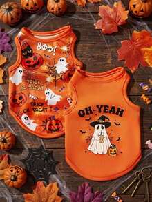 2pcs Pet Cat Dog Universal Halloween Orange Ghost Funny Cartoon Pattern Print Fashionable Breathable Comfortable Dog Vest, PETSIN Original Design - Multicolor - View 3