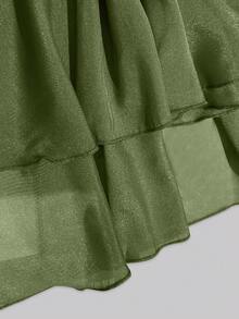Elafinee Women's Olive Green Chiffon Ruffle V-Neck Waist-Cinching Short Sleeve Blouse, European And American Summer Style - Olive Green - View 4