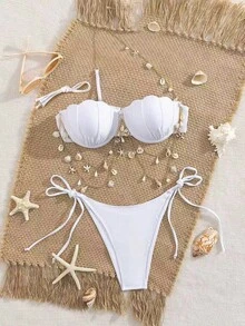 Swim SXY 2 piezas Set de bikini con estampado de concha marina blanco, para mujer, ideal para primavera y vacaciones, con tirantes de cadena dorada - Blanco - Ver 1