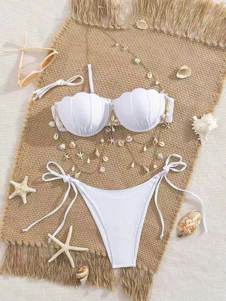Swim SXY 2 piezas Set de bikini con estampado de concha marina blanco, para mujer, ideal para primavera y vacaciones, con tirantes de cadena dorada - Blanco - Ver 1
