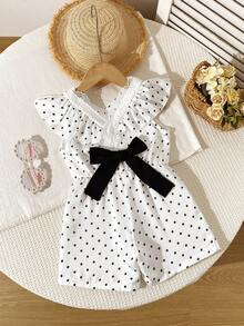 SHEIN Elladie kids 女童 2026 夏季新款黑色波點荷葉邊短袖 V 領收腰後蝴蝶結露背 A 字連身短褲，田園風時尚短版連身褲 - 黑與白 - 查看 3