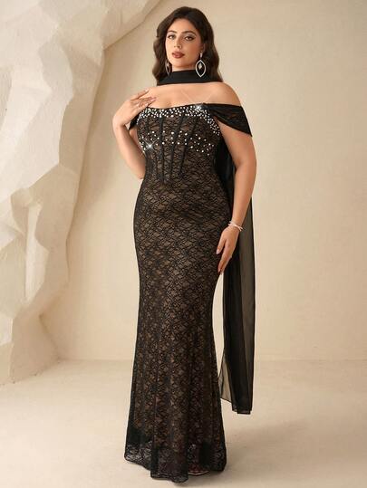 Coutiva Plus Size Beaded Lace Off-Shoulder Mermaid Formal Evening Gown (Heavy Embellishment)