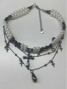 MortiRose A Fashionable Light Luxury Versatile Casual Goth Punk Spice Girl Design Feeling Water Drop Cross Multi-Layer Necklace - Gun Black - View 10