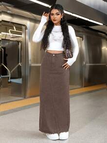 SHEIN ICON Váy mini denim màu trơn cỡ lớn dành cho nữ, Thu/Đông - màu nâu - Xem 1
