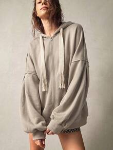 Bohemela Women's Solid Color Drop Shoulder Long Sleeve Zipper Front Drawstring Hooded Fleece Sweatshirt - Apricot - View 6