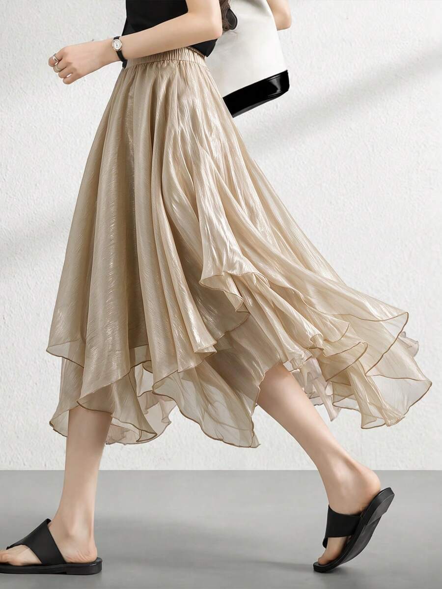 SHEIN Women's Solid Color Pleated Fashion Versatile Flared Skirt - Khaki - View 1