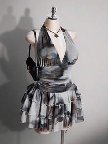 SHEIN ICON 女款大尺碼綁帶領紮染蛋糕裙襬時尚洋裝 - 彩色 - 查看 4