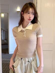 DAZY Women'S Contrast Color Polo Collar Knitted Top - Khaki - View 2