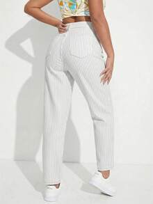 SHEIN ICON 女款條紋口袋休閒通勤牛仔媽媽牛仔褲 - 黑與白 - 查看 2