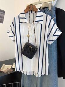 SHEIN Women's Elegant Casual Blue And White Stripe Lapel Collar Rolled Short Sleeve Loose Button Down Blouse, Summer Tops, Party Brunch Top, Beach, Office - White - View 4