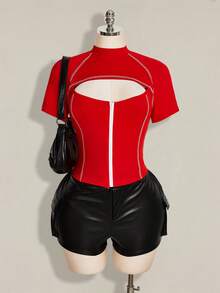 SHEIN ICON 女款大尺碼鏤空性感拼色拉鍊修身T恤 - 紅色 - 查看 4