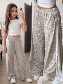 SHEIN Tween女孩秋冬休閒時尚街頭風豹紋拼接織帶寬鬆直筒長褲，適合休閒外出與日常穿著 - 灰色 - 查看 2