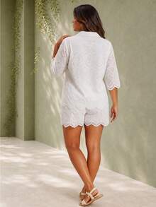 ELLERISSA Plus Size White Broderie Shirt & Shorts Co-Ord Set - White - View 2