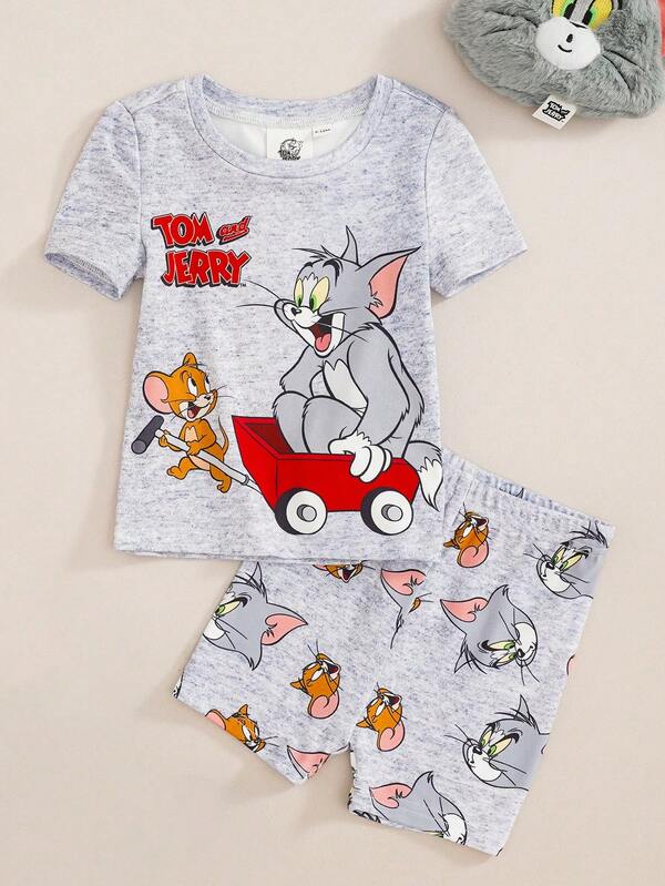 TOM & JERRY X SHEIN طقم ملابس نوم يومي كاجوال للمنزل للأطفال الصبيان بطبعة كرتونية، ملابس علوية بأكمام قصيرة وشورت