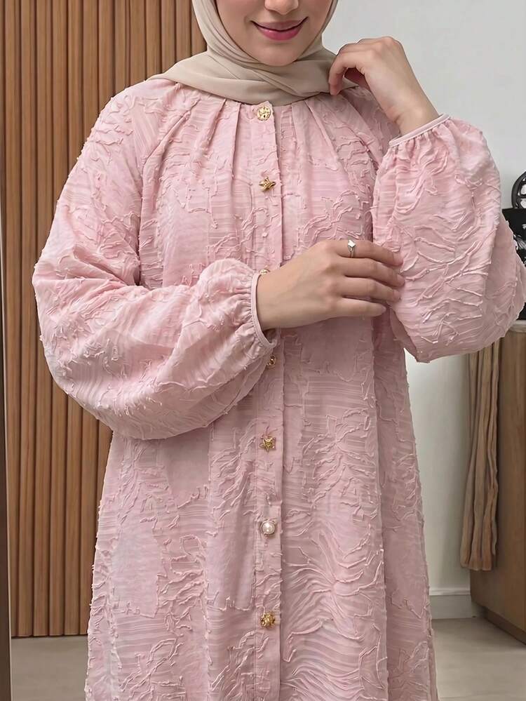 Solavon Women's Textured Lantern Sleeve Single-Breasted Loose Long Dress - Pink - View 2
