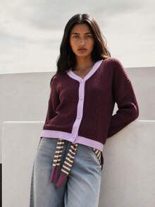 Nöista Ribbed Knit Cardigan In Burgundy With Purpple Contrast Trim, V-Neck, Button Front. Autumn Layering, College, Office, Chic, Cozy Fall. Winter Clothes.. - Rose Red - View 3