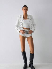 ATUI Studio Women's Military Napoleon Denim Jacket – Cropped Jean Coat With Gold Button Trim, Everyday Essential For Fall, Daily & Work - White - View 7
