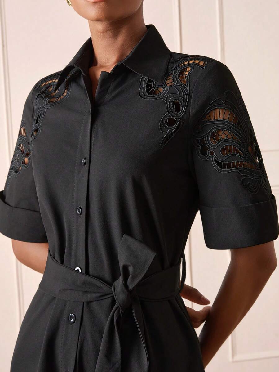 Lilora Women's Premium Elegant Hollow Embroidery Midi Dress, High-End Fashion Versatile Elegant Dress, Suitable For Commuting, Daily Casual, Outing, Gathering, Date, Party, Leisure, Excursion, Holiday, Autumn, Winter, Holiday Travel - Black - View 1