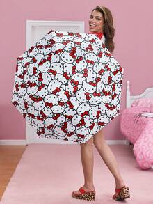 HELLO KITTY AND FRIENDS | SHEIN 可愛白色貓咪粉色蝴蝶結印花三折傘，防曬防雨雙用遮陽傘，輕巧便攜，適合旅行與日常使用 - 紅色 - 查看 3