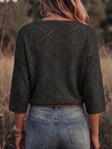 SHEIN Solid Color Hollow Knit Lace-Up Cardigan - Black - View 2
