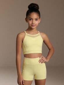 SHEIN Tween Girls Yellow Sports Set, Mesh Patchwork Design Sports Top + Sports Shorts, Tight High Elastic Fabric Comfortable Fit 4-Way Stretch, Glowmode - Yellow - View 2