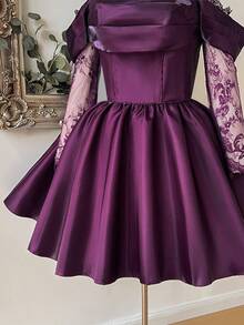 Lovelzi Plus Size Dark Purple Elegant Cold Shoulder French Lace Patchwork Long Sleeve Bustier A-Line Short Dress Party Dinner Evening Fall New Year - Burgundy - View 8