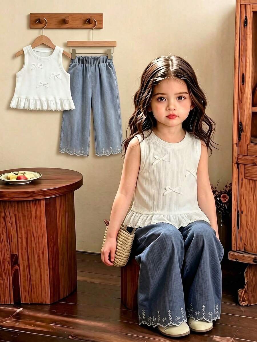 Elladie kids 2 件套女童优雅圆领无袖背心，3D 蝴蝶结装饰 + 刺绣喇叭裤，休闲时尚装扮，适合节日、旅行、派对、生日礼物、夏季
