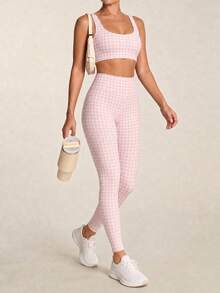 SHEIN BAE Women's Casual Sports Plaid Print Tank Top & Pants Set Perfect Airport Outfit Suitable For Tennis Yoga Studio Pilates Daily Wear Cute Summer Outfits Festival Outfits Beach Outfits Sea Going Out Outfits Women's Gym Clothes Gym Female Gym Set Casual Sets Holiday Outfits Vacation Sportswear Workout Sets Pink Plaid Pattern - Pink - View 7