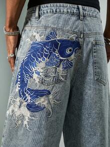 ROMWE MEN Street Life Men's Fish Pattern Embroidered Denim Shorts - Blue - View 2