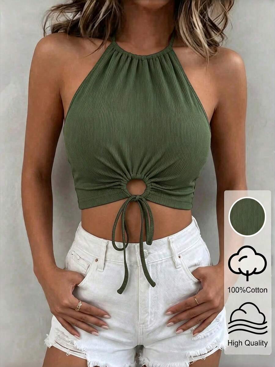 SHEIN Holidaya 女款夏季豹紋鏤空綁帶短版上衣 圖案豹紋 T-shirt 女裝上衣 - 軍綠色 - 查看 1