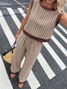 Serisse 女士休闲通勤条纹饰边吊带背心和长裤两件套，夏季 - 棕色 - 查看 3
