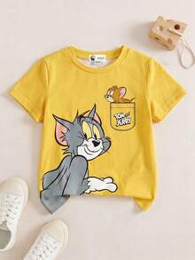 TOM & JERRY X SHEIN T-shirt à col ras-du-cou à manches courtes avec graphique de jeune garçon de dessin animé - Blanc - Voir 1
